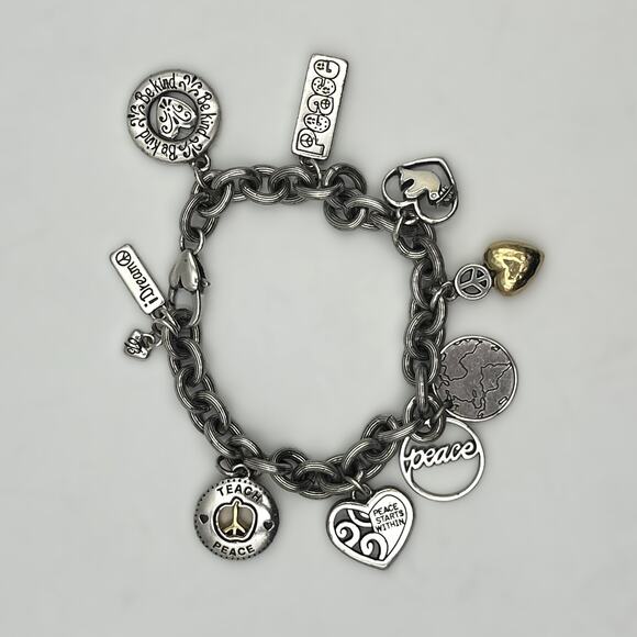 Brighton World Peace Charm Bracelet 2007 Y2K Silver Tone Dream Be Kind Unique - Picture 1 of 3